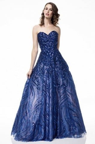 VESTIDO AZUL REY STRAPLESS LENTEJUELA CORTE PRINCESA